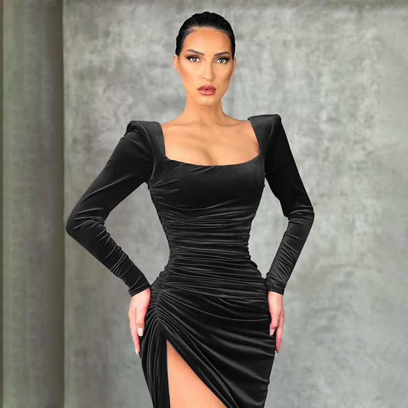 Elegantes Langarmkleid mit eckigem Ausschnitt – High-End Look für Damen